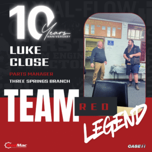 LUKE CLOSE Celebrates 10 Years of service and dedication to redmac ag three springs
